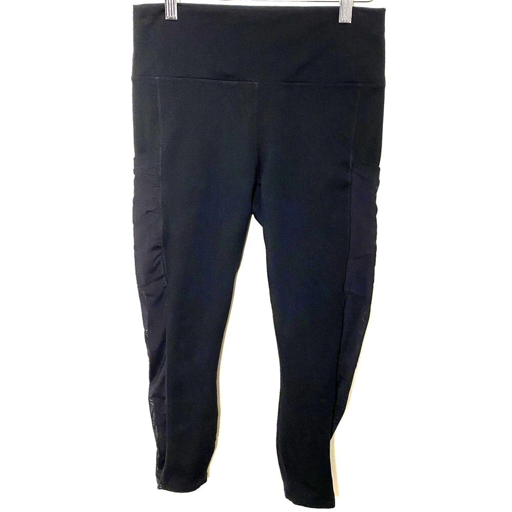 Fabletics Powerhold Black Ruched Leggings Mesh Detail Stretchy Activewear